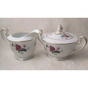 Noritake Gardena 3056 Creamer & Sugar Set Floral Gold‎ Trim Japan